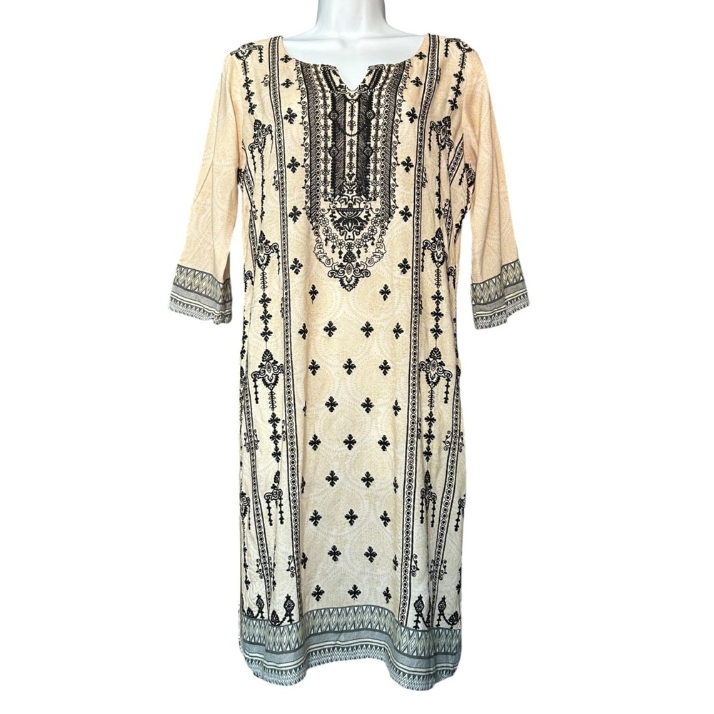 Kurtis Cotton Tunic Womens Sz S Light Peach with Black Embroidery and Sequins